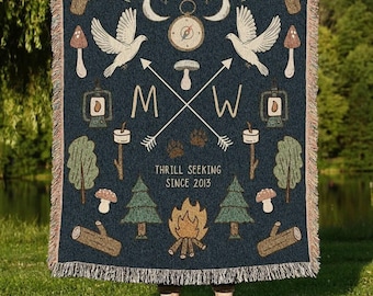 Woodland Wedding Gift Custom Anniversary Blanket Woven Tapestry | Personalized Anniversary Gift Blanket Custom Initials Gift for Couples |