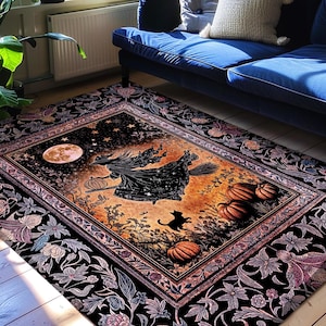 Harvest Moon Spooky Witch Accent Rug | Enchanted Black Cat Moody Bedroom Area Rug Gothic Decor Folklore Aesthetic Celestial Night Whimsical