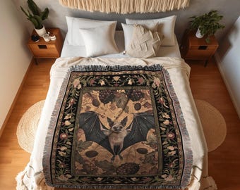 Victorian Gothic Bat Blanket Woven | Dark Cottagecore Tapestry Crowcore Wall Art Bedroom Decor Astrology Bat Colorful Wall Art Whimsical