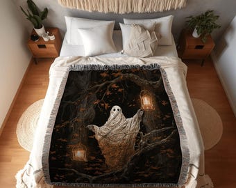 Woodland Ghost Vintage Blanket Halloween | Fall Aesthetic Vintage Ghost Art Woven Tapestry Halloween Decor Dark Academia Art Ghost Blanket |