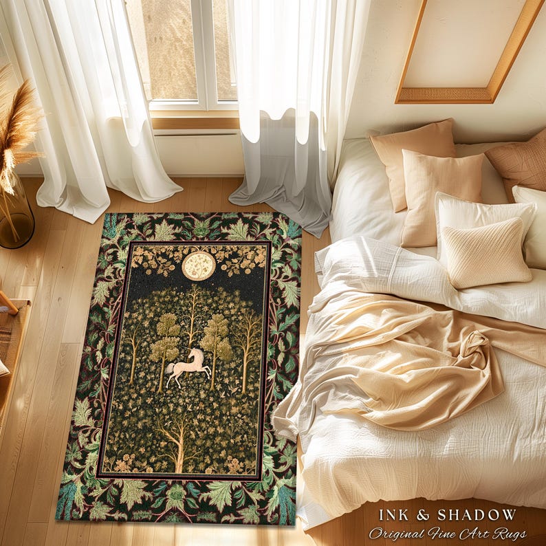Magic Aesthetic Unicorn Runner Rug Cottagecore Style, Dark Academia Folklore Decor Gothic Maximalist Fantasy Art Enchanted Fairytale Accent Bild 13