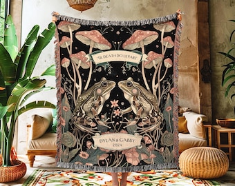 Mushroom Frog Couple Blanket | Woodland Gothic Toad Lovers Tapestry Woven Throw Personalized Anniversary Cottagecore Gift for Girlfriend |