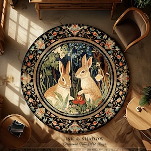 Cottagecore Spring Floral Round Rug Morris Inspired Forest Aesthetic | Fairycore Bedroom Decor Victorian Whimsical Woodland Bunnies Art Rug
