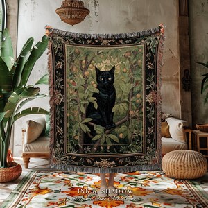Black Cat Botanical Blanket | Dark Floral Bedroom Decor Cottagecore Reading Corner Gothic Tapestry Woven Dark Fairycore Room Woodland Art image 3