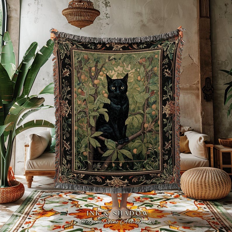 Black Cat Botanical Blanket | Dark Floral Bedroom Decor Cottagecore Reading Corner Gothic Tapestry Woven Dark Fairycore Room Woodland Art image 3