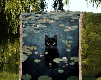Vintage Cat Tapestry Woven Wall Art Claude Monet Pond of Water Lilies Poster Black Cat Art | Funny Tapestry Monet Water Lilies Famous Art |