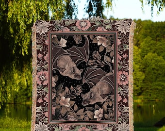 Victorian Gothic Tapestry Bat Blanket Woven Throw Occult Decor | Macabre Tapestry Dark Botanical Bat Art Gothic Decor Tapestry Wall Hanging