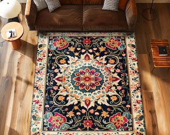 Bohemian Inspired Area Rug | Cottagecore Ornate Boho Bedroom Rug Pink Aesthetic Living Room Home Accent Rug Multicolored Hippie Room Decor |