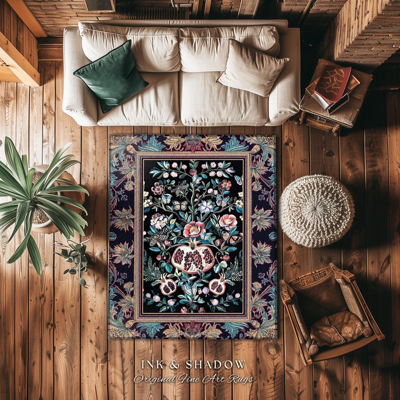 Witchy Dark Academia Pomegranate Rug Whimsigothic Floral Home Decor, Enchanted Woodland Cottagecore Botanical Victorian Gothic Nature Accent image 5