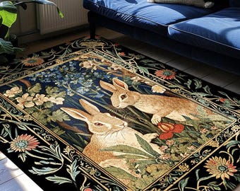 Bunnies in the Woodland Rug | Spring Bunnies Room Decor William Morris Inspired Forest Aesthetic Fairycore Bedroom Floral Bunny Victorian