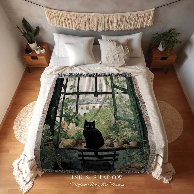 Cat Tapestry Botanical Blanket Woven Throw | Black Cat Painting Wall Art Pastel Decor Indie Aesthetic Dorm Room Tapestry Blanket Cute Cat zdjęcie 2