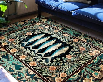 Mystical Floral Underwater Fish Rug | Antique Sardine Art Ocean Decor Coastal Beach Home Accent Rustic Marine Cottagecore Nautical Beach Art