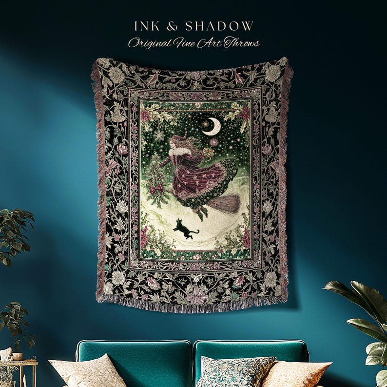 Snowy Magic Celestial Witch Blanket | Gothic Magic Black Cat Woven Tapestry Broomstick Ride Moon Stars Botanical Frame Mystical Folklore Art immagine 10