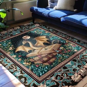 Fantasy Accent Rug Medieval Dragon | Medieval Library Aesthetic Gothic Cottagecore Decor for Book Nook Crowcore Fairytale Bedroom Area Rug |