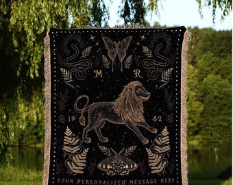 Personalized Leo Tapestry Blanket | Leo Blanket Custom Star Sign Goth Woven Blanket Witchy Room Decor Leo Astrology Personalized Tapestry |