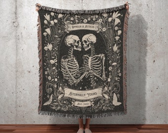 Cottagecore Skeleton Couples Throw | Personalized Tapestry Gothic Wedding Custom Blanket Woven Tapestry Skeleton Couple Gift Wedding Custom