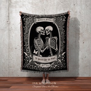 Gothic Skeleton Tapestry Custom | Personalized Wedding Blanket Spooky Halloween Skeleton Tapestry His & Hers Anniversary Gift for Girlfriend