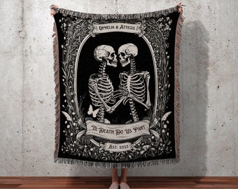 Gothic Skeleton Tapestry Custom | Personalized Wedding Blanket Spooky Halloween Skeleton Tapestry His & Hers Anniversary Gift for Girlfriend