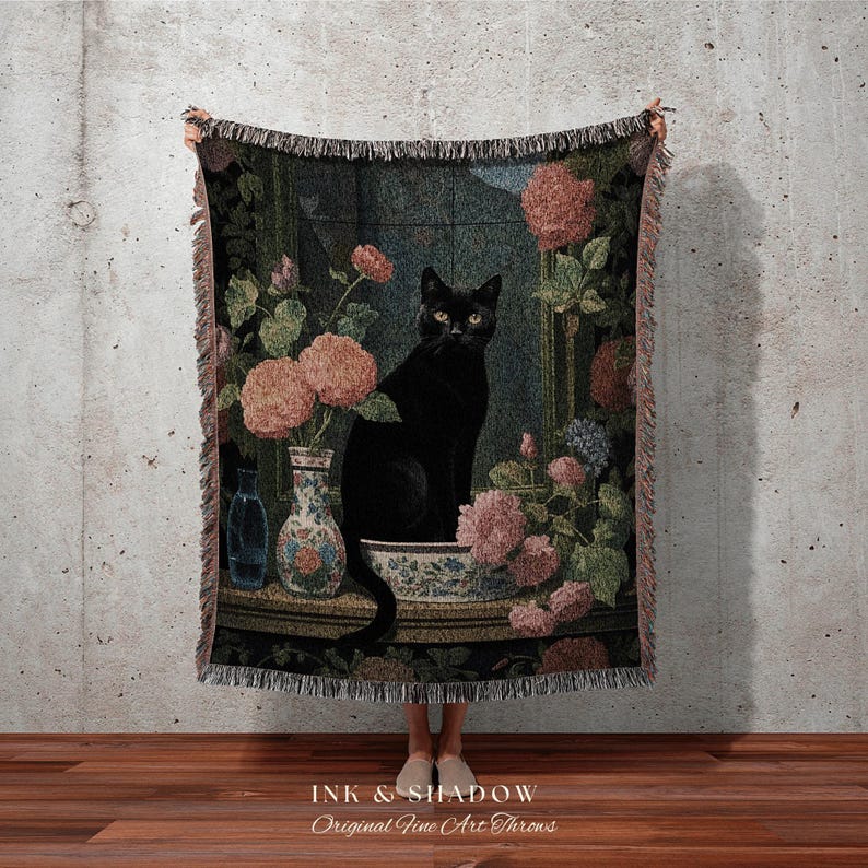 Floral Cat Blanket Woven Tapestry Gothic Decor | Dark Floral Black Cat Woven Blanket Fine Art Wall Art Funny Tapestry Whimsigoth Room Decor image 9