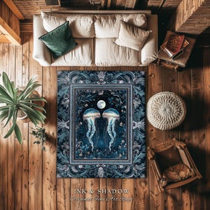 Lunar Ocean Jellyfish Rug Deep Blue Ethereal Coastal Decor, Enchanted Art Nouveau Cottagecore Marine Scene Moonlight Nautical Underwater Rug image 5