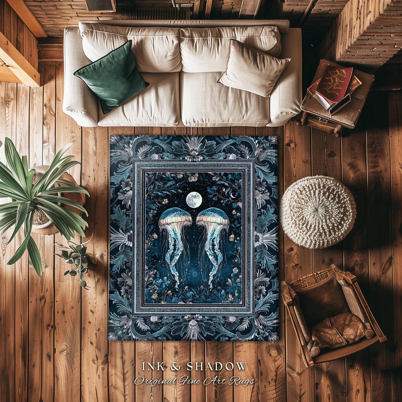 Lunar Ocean Jellyfish Rug Deep Blue Ethereal Coastal Decor, Enchanted Art Nouveau Cottagecore Marine Scene Moonlight Nautical Underwater Rug image 5