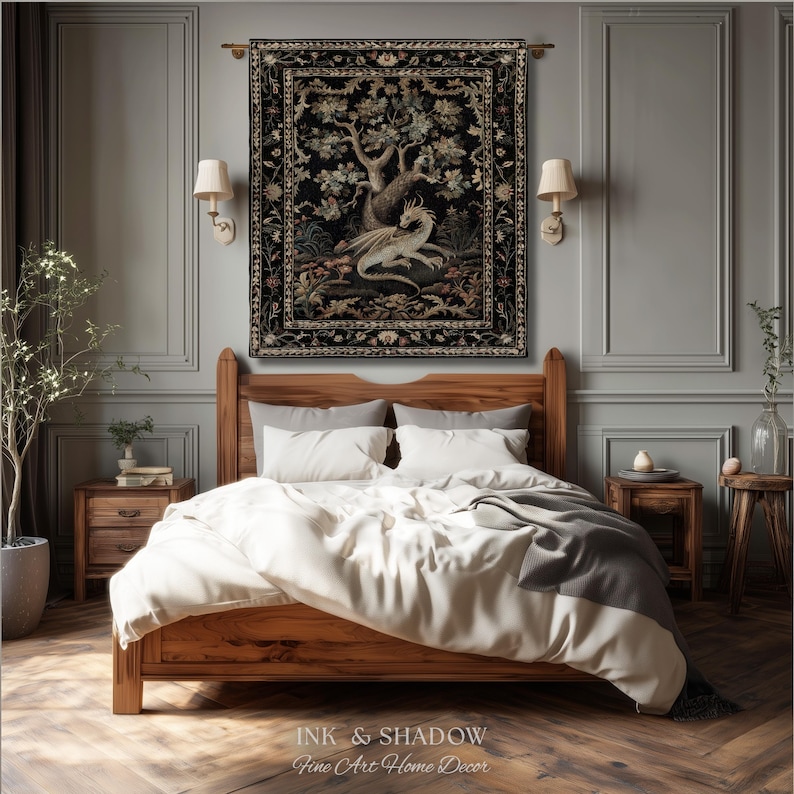 May include: A rectangular wall tapestry featuring a central illustration of a white dragon resting beneath a large tree, surrounded by a detailed floral border on a black background. The artwork is displayed above a wooden bed frame.
