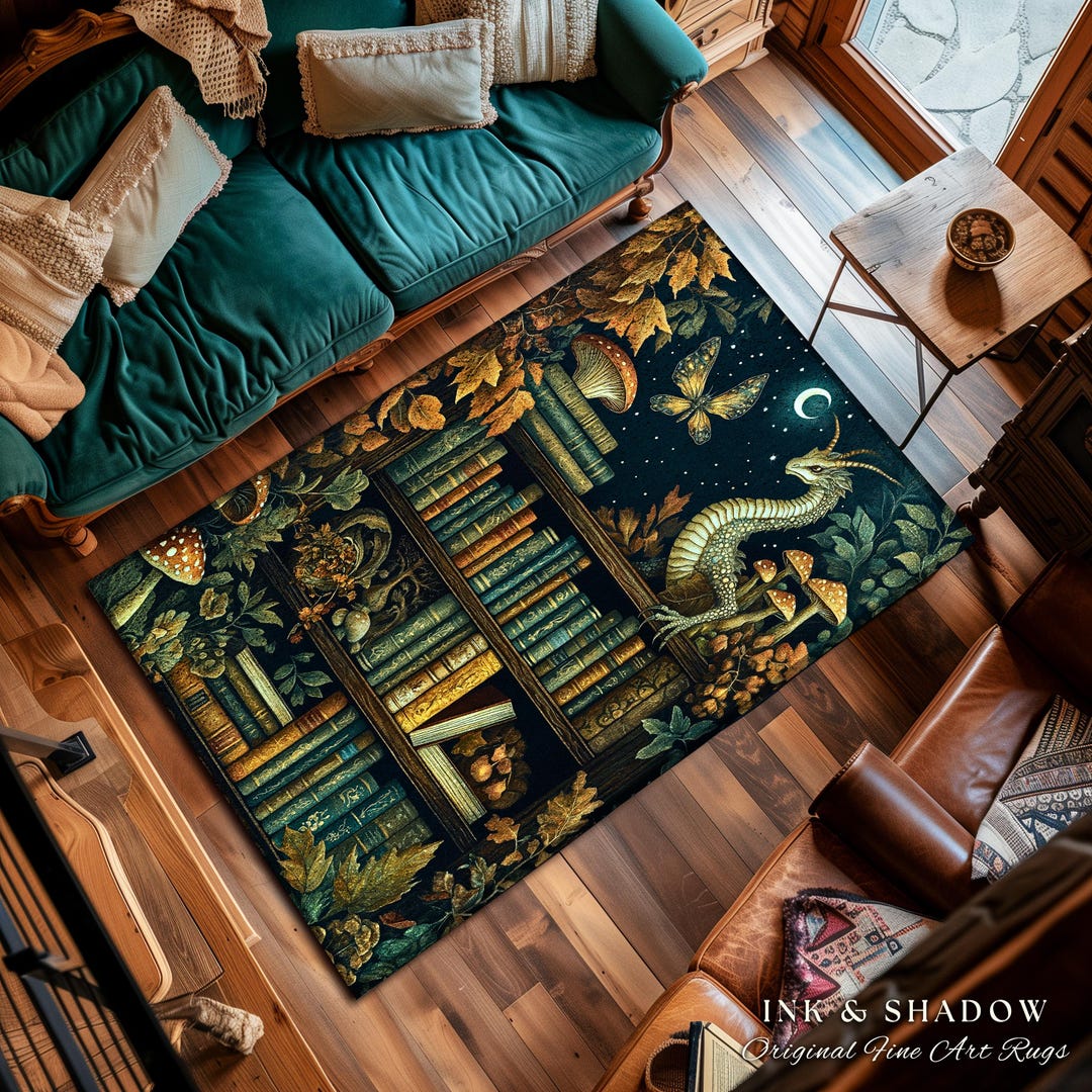Whimsical Fantasy Bookshelf Enchanted Forest Fairycore Dragon Rug ...