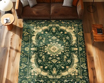 Dark Rich Forest Green Area Rug | Floral Elegance Ornate Bohemian Style Accent Rug Baroque Aesthetic Emerald Green Detail Vibrant Colors |