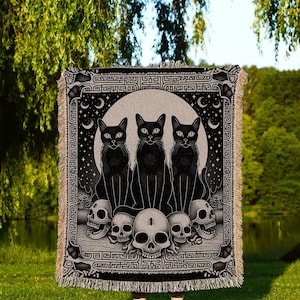 Mystic Black Cats Gothic Tapestry Blanket Dark Academia Skull Throw | Celestial Occult Aesthetic Cat Tapestry Urban Grunge Witchy Wall Art image 1
