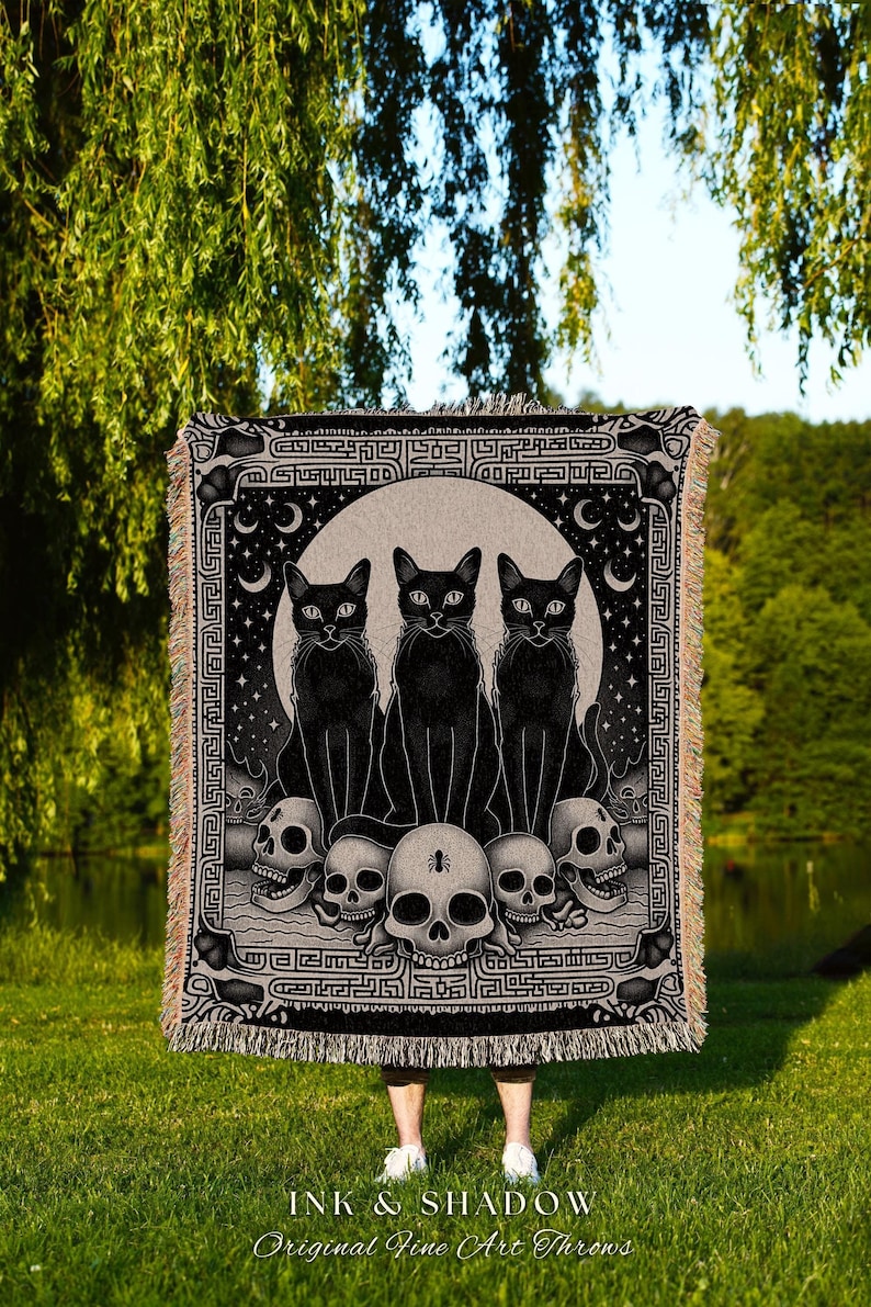 Mystic Black Cats Gothic Tapestry Blanket Dark Academia Skull Throw | Celestial Occult Aesthetic Cat Tapestry Urban Grunge Witchy Wall Art image 1