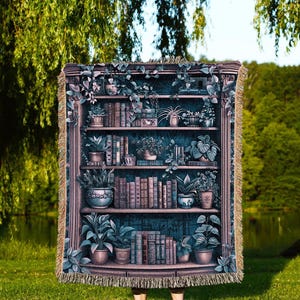 Whimsical Cottagecore Book Tapestry Blanket Floral Whimsigothic Decor | Mystical Dark Academia Book Lovers Gift Bookshelf Art Woven Throw