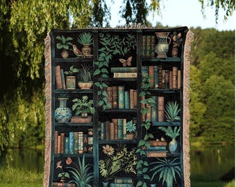 Witchy Book Nook Throw Blanket | Cottagecore Gift For Bookworm Whimsical Book Lover Blanket Goth Room Decor Dark Witchy Bedroom Wall Art