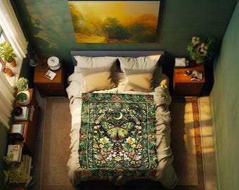 Boho Botanical Moth Tapestry Woven Floral Grunge Fairycore Room Decor | Gothic Moon Moth Butterfly Forestcore Decor Dark Cottagecore Blanket