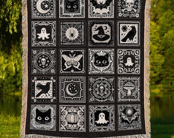 Witchy Woven Cotton Throw Spooky Creepy Witch Blanket Cute Halloween Tapestry Scary Spooky Season Nights Gift for Goths Dark Aesthetic Decor