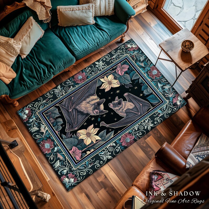 Moody Dark Acedemia Tapestry Woven Bat Rug Starry Night Woodland Gothic Floral Decor, Antique Aesthetic Victorian Botanical Whimsigothic Art imagen 10
