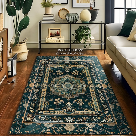 ✦vintage rugs✦　116cm58cm　インド産　ハンドメイドラグ Gothic Maximalist Accent Rug | Forest Green Floor Rug Ornate Rug