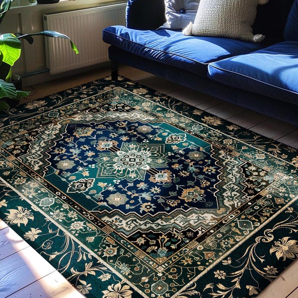 Victorian Baroque Area Rug | Midnight Emerald Ornate Design Gothic Art Deco Boho Accent Dark Academia Maximalist Home Statement Piece Witchy