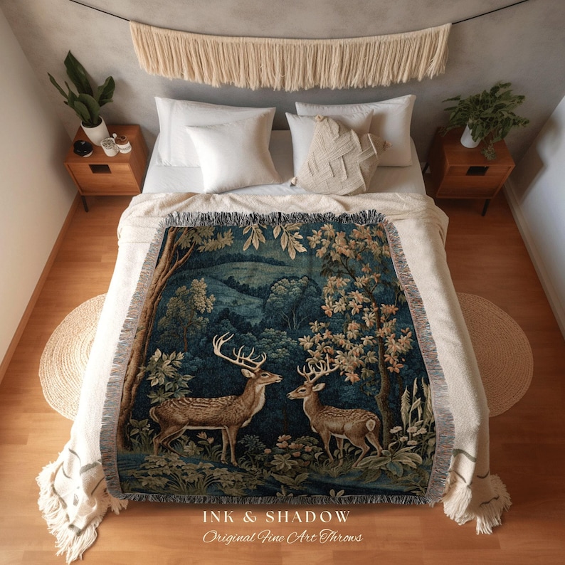Folk Art Blanket Woodland | Folk Art Blanket Woven Tapestry William Morris Throw Dark Cottagecore Gothic Aesthetic Bedding Light Academia | image 3