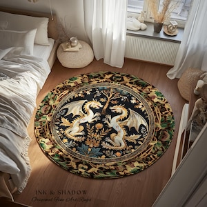 Rococo Dragon Round Area Rug Ornate Baroque Art Nouveau Inspired Folklore Decor | Antique Aesthetic Maximalist Fantasy Home Statement Piece
