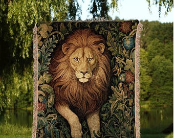 Lion Blanket William Morris Decor | Botanical Folk Art Blanket Woven Tapestry William Morris Throw Woodland Goth Decor Cottagecore Aesthetic