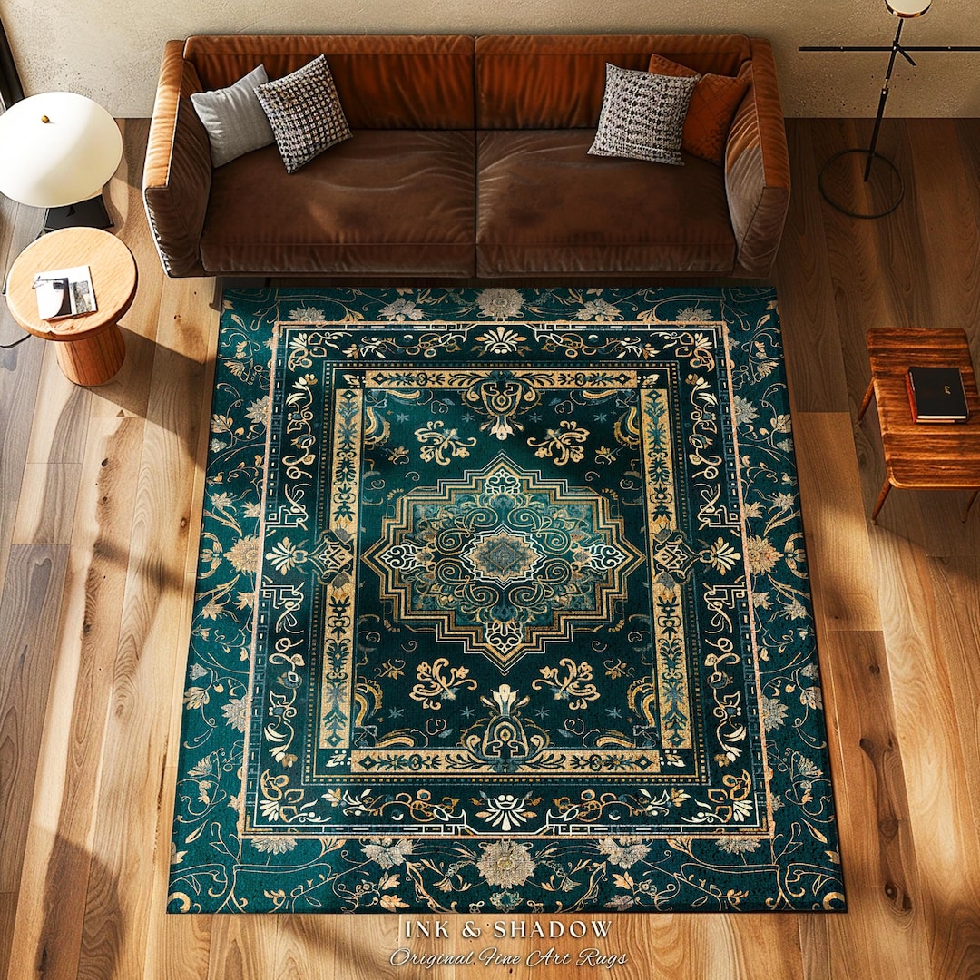 Gothic Maximalist Accent Rug | Forest Green Floor Rug Ornate Rug