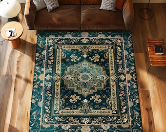 Gothic Maximalist Accent Rug | Forest Green Floor Rug Ornate Rug With Blue Green Detail Cottagecore Victorian Gothic Aesthetic Dark Teal |