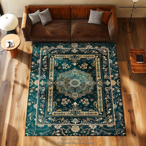 Gothic Maximalist Accent Rug | Forest Green Floor Rug Ornate Rug