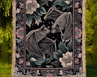 Gothic Woodland Dark Floral Bat Blanket Whimsigoth Decor | Macabre Tapestry Blanket Dark Botanical Forestcore Bat Art Whimsical Woven Throw