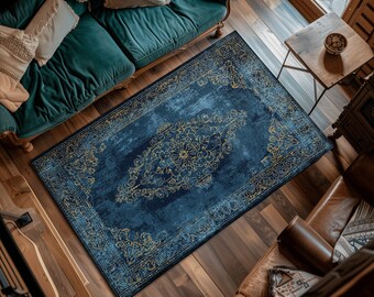 Elegant Royal Blue Area Rug | Living Room Indigo Home Decor Rustic Aesthetic Dark Cottagecore Bedroom Boho Floor Mat for Living Room