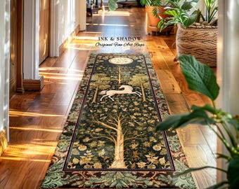 Magic Aesthetic Unicorn Runner Rug Cottagecore Style, Dark Academia Folklore Decor Gothic Maximalist Fantasy Art Enchanted Fairytale Accent