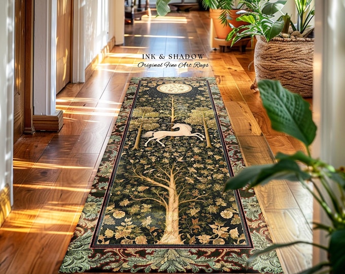 Magic Aesthetic Unicorn Runner Rug Cottagecore Style, Dark Academia Folklore Decor Gothic Maximalist Fantasy Art Enchanted Fairytale Accent