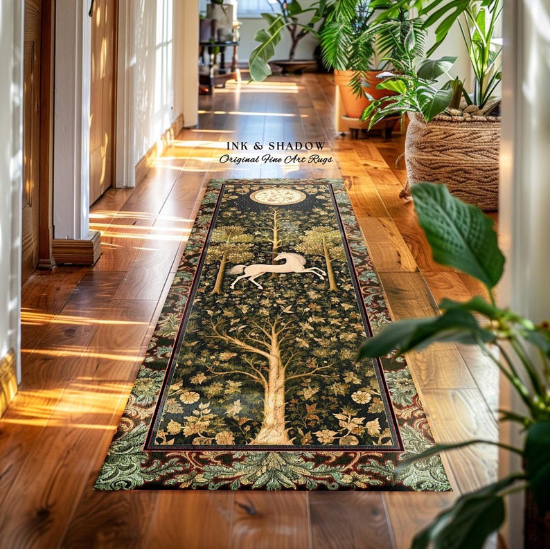 Magic Aesthetic Unicorn Runner Rug Cottagecore Style, Dark Academia Folklore Decor Gothic Maximalist Fantasy Art Enchanted Fairytale Accent Bild 1