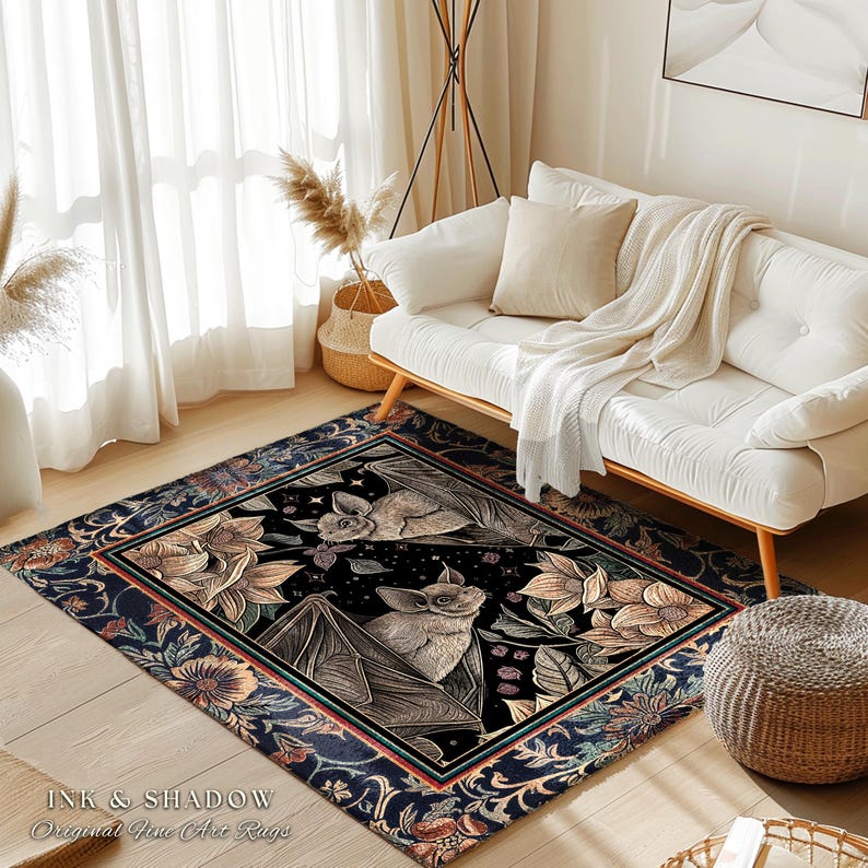 Dark Academia Mystic Bat Rug Woodland Gothic Victorian Decor | Enchanted Forest Bat Lover Nature Rug Celestial Boho Floral Cottagecore Decor image 12