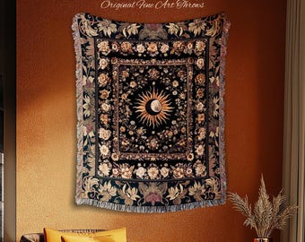 Cosmic Elegance Celestial Wall Tapestry | Dark Cottagecore Moon & Sun Ethereal Woven Throw Blanket Divine Aesthetic Witchy Bohemian Eclectic